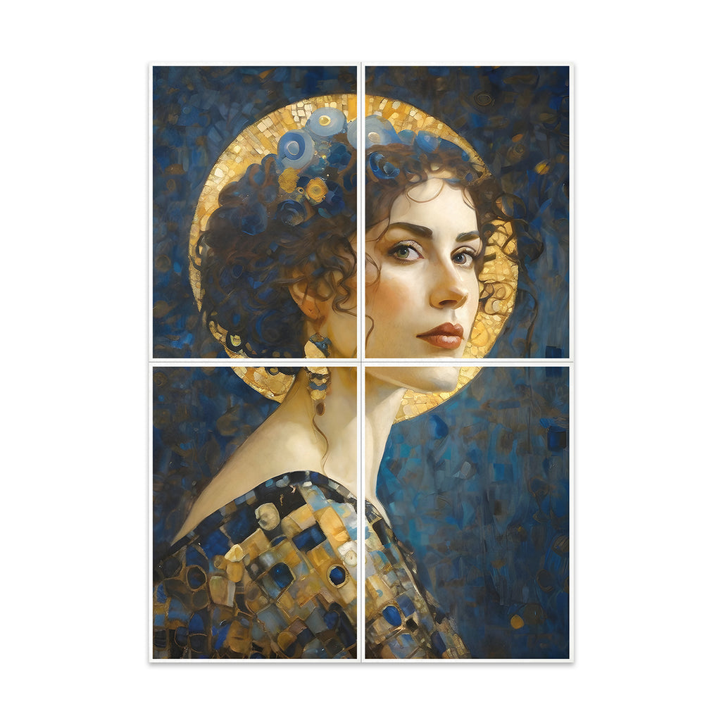Artistic depiction of a woman's face with decorative elements on a blue background