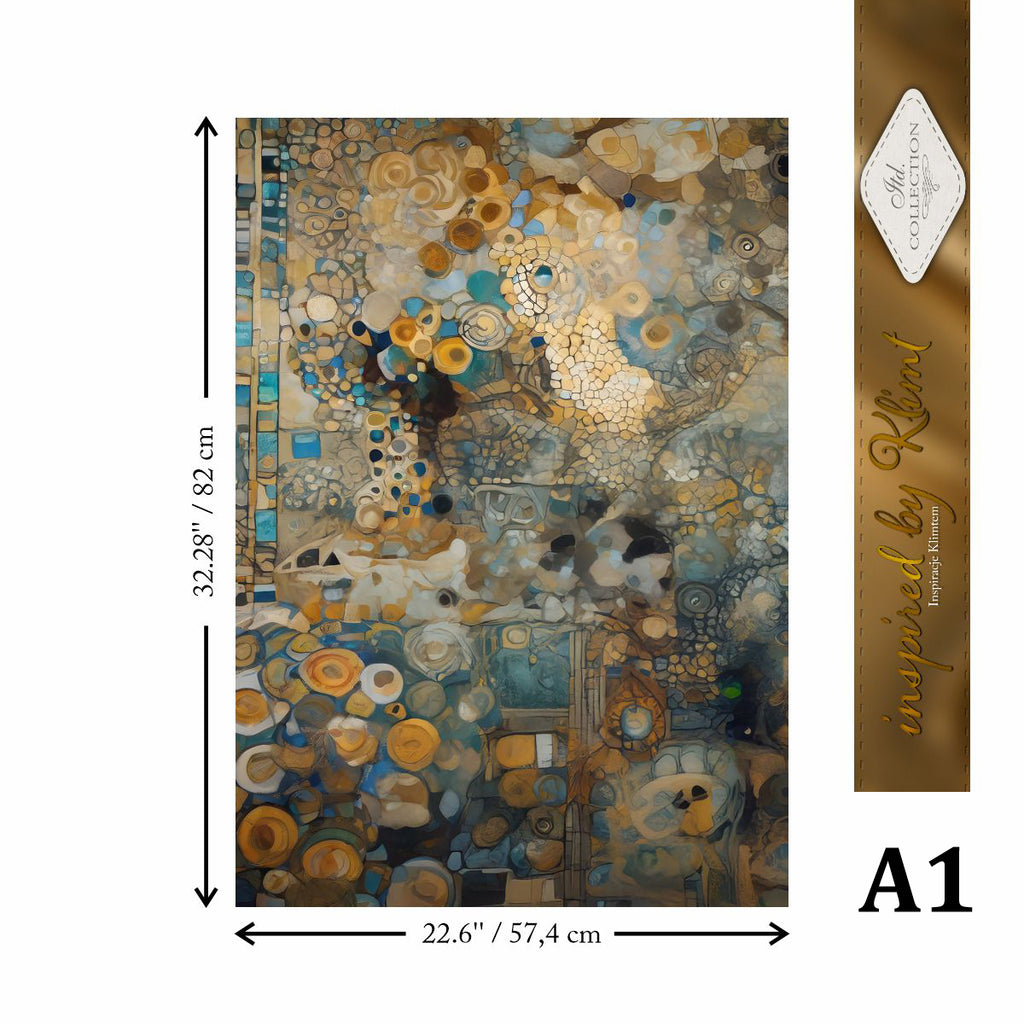 Artistic rug with abstract design and dimensions, featuring a brand label on the side.