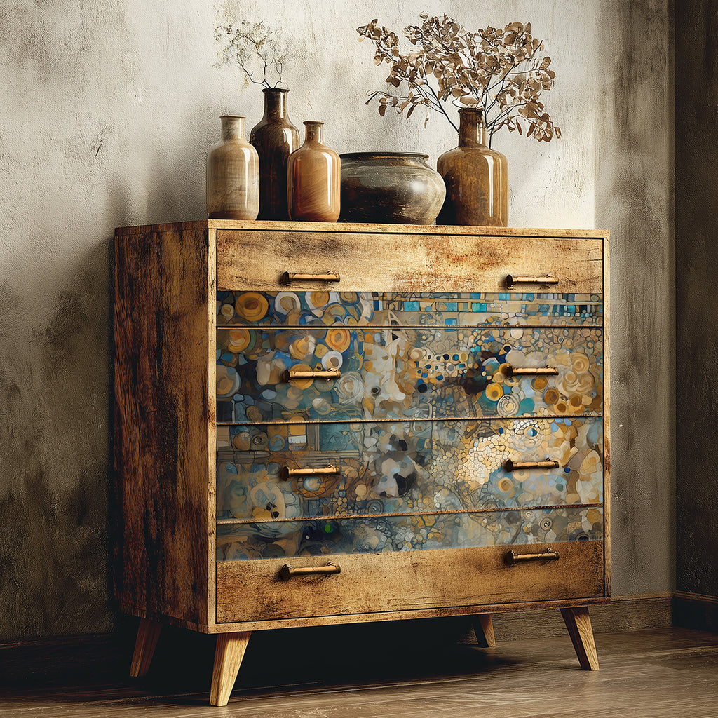 Wooden dresser with abstract patterned drawers against a neutral wall.