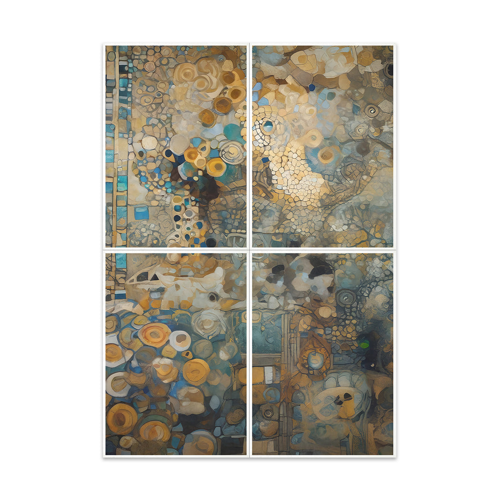 Four abstract artworks in a grid layout with earthy tones on a white background