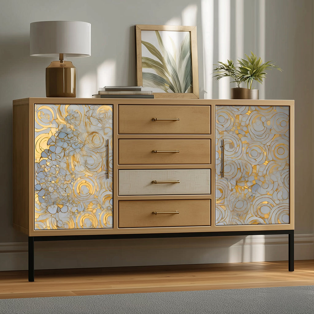 Wooden sideboard with decorative panels and furniture items on a wooden floor.