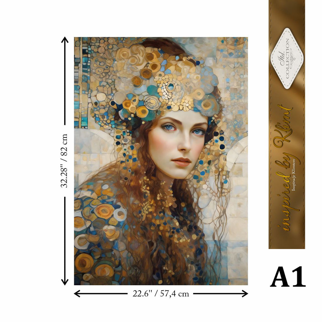 Decorative painting of a woman with floral headpiece and measurements