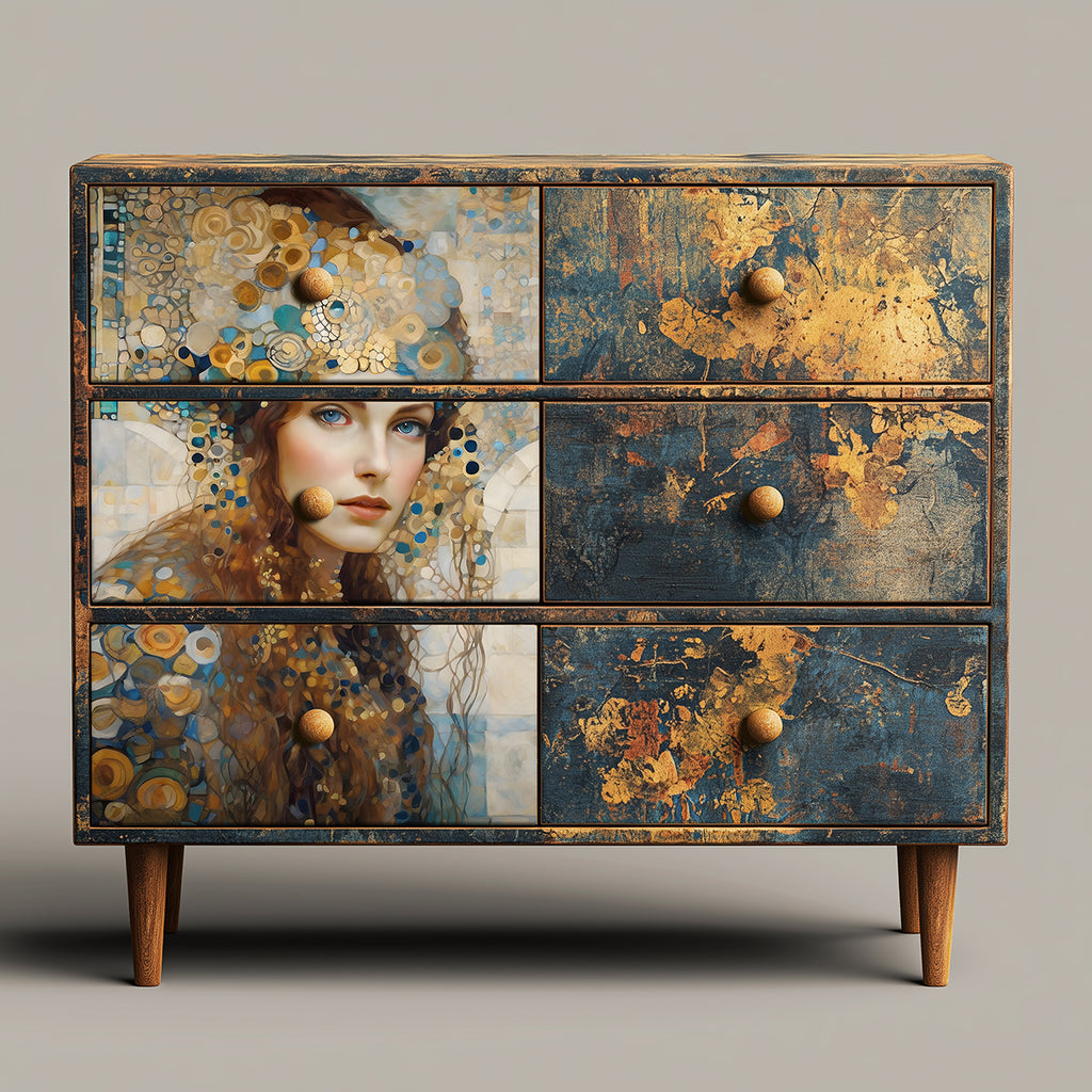 Decorative chest of drawers with artistic design and gold accents on a neutral background