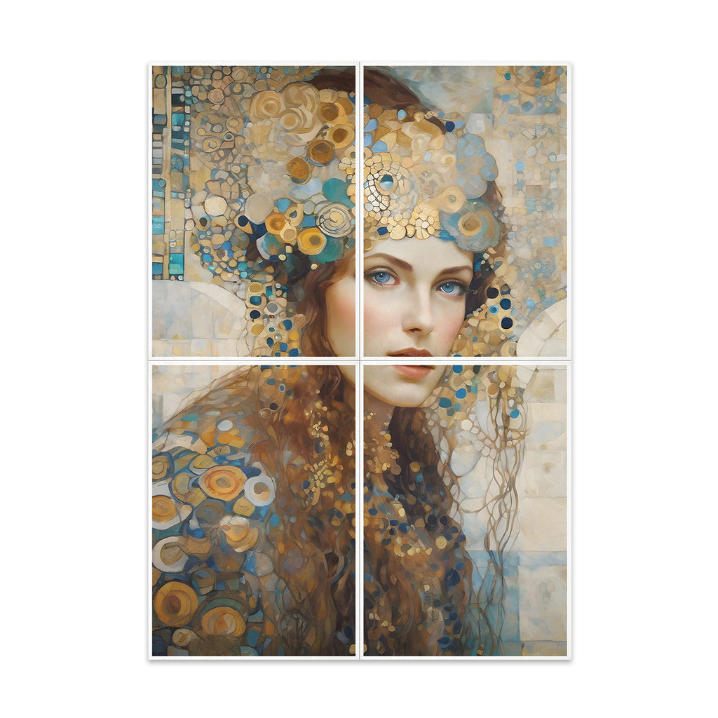 Four-panel artwork of a woman with decorative headpiece and flowing hair on a white background
