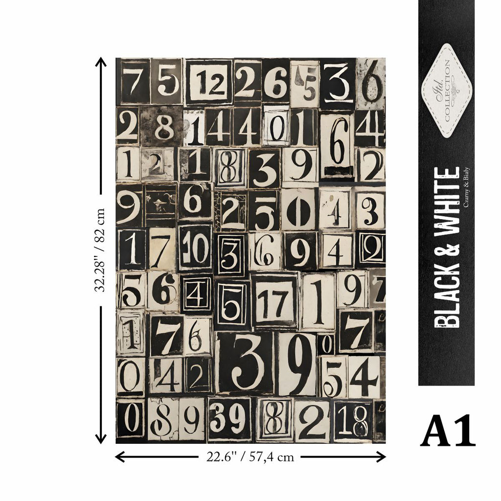 Black and white patterned paper with numbers, dimensions, and brand name on a white background