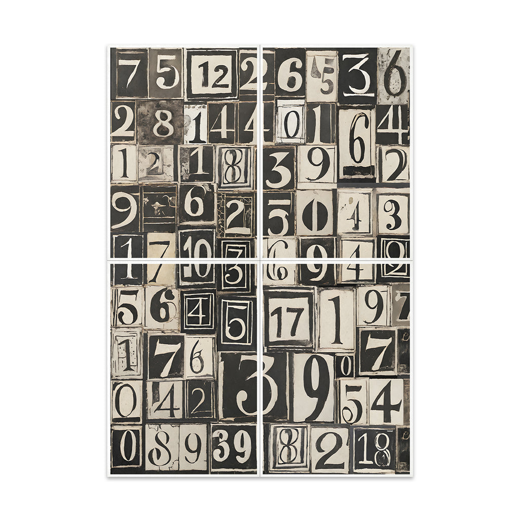 Decorative wall art with black and white numbers on a white background