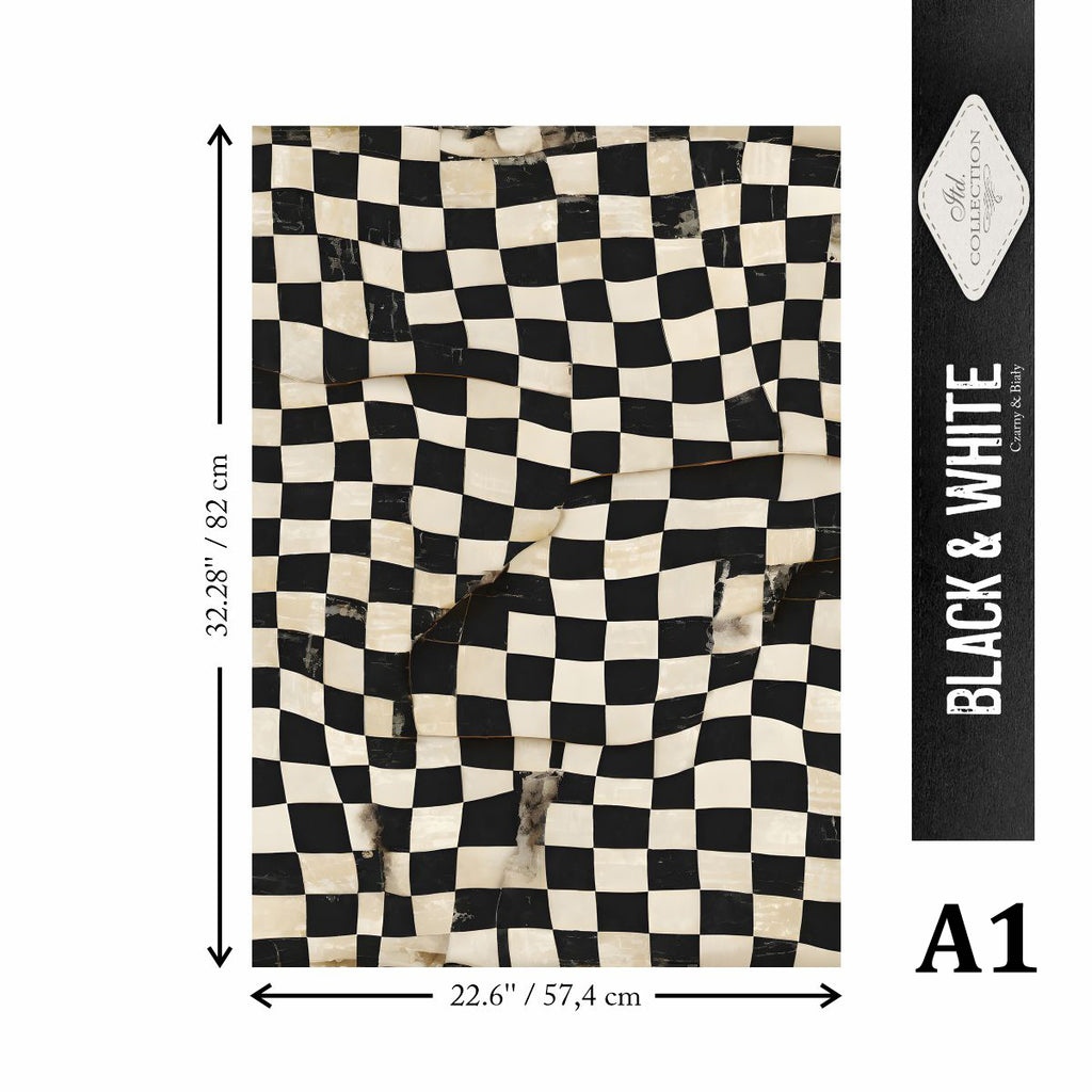 Black and white checkered rug with dimensions and brand label on a white background