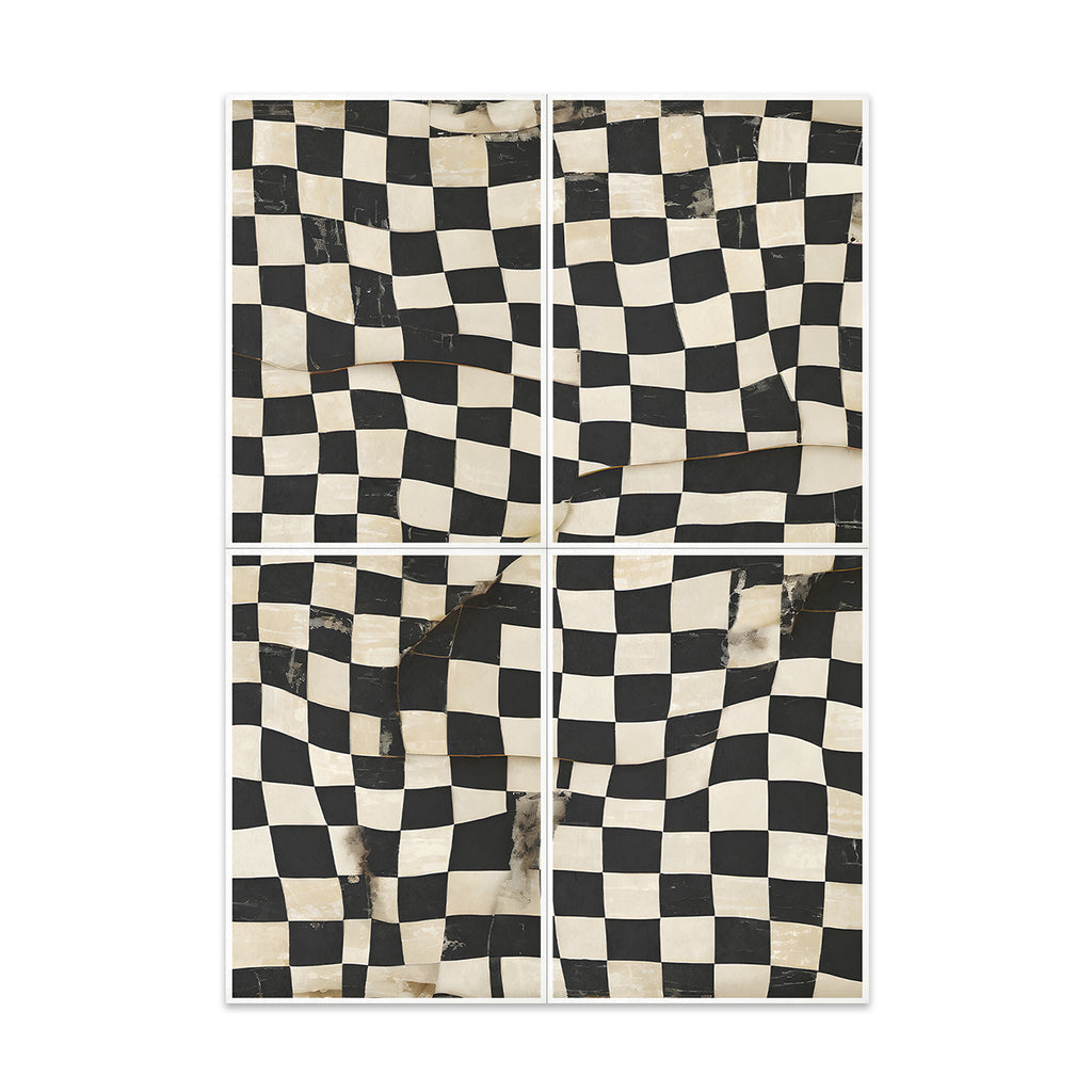 Checkered patterned fabric with black and white squares on a white background
