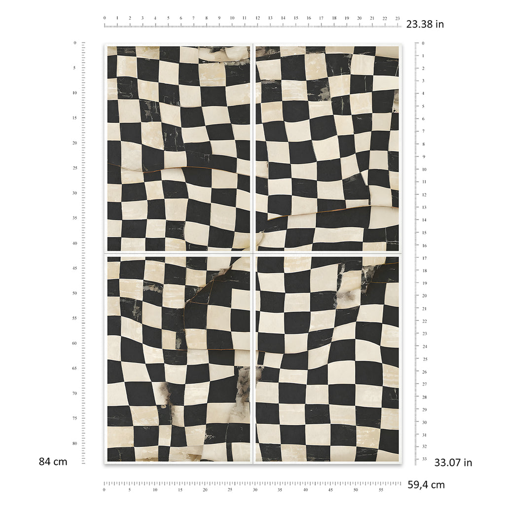 Checkered pattern fabric with measurements on a white background