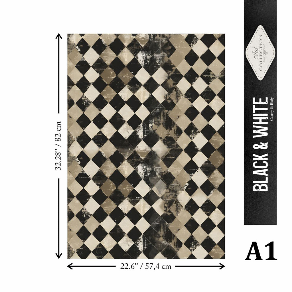 Checkered pattern rug with dimensions and brand name on a white background