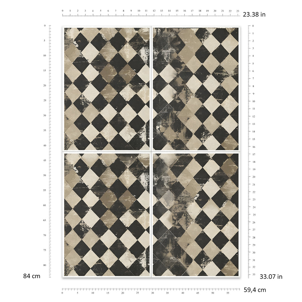 Four diamond-patterned tiles with measurements on a white background