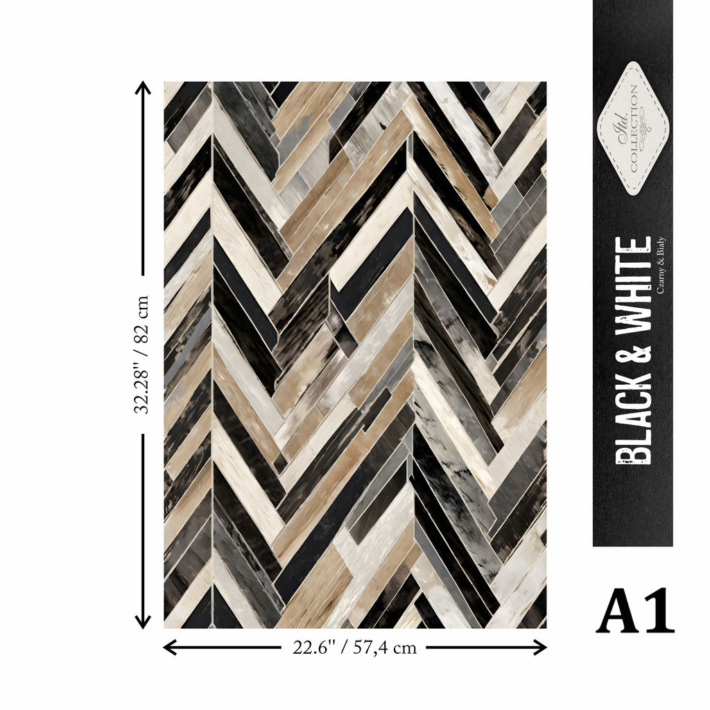 Patterned paper with black, white, and beige colors, showing measurements and brand name.