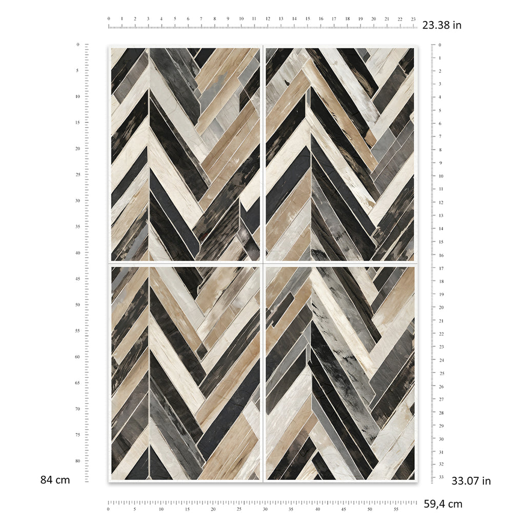 Geometric patterned paper with chevron design in neutral colors on a white background