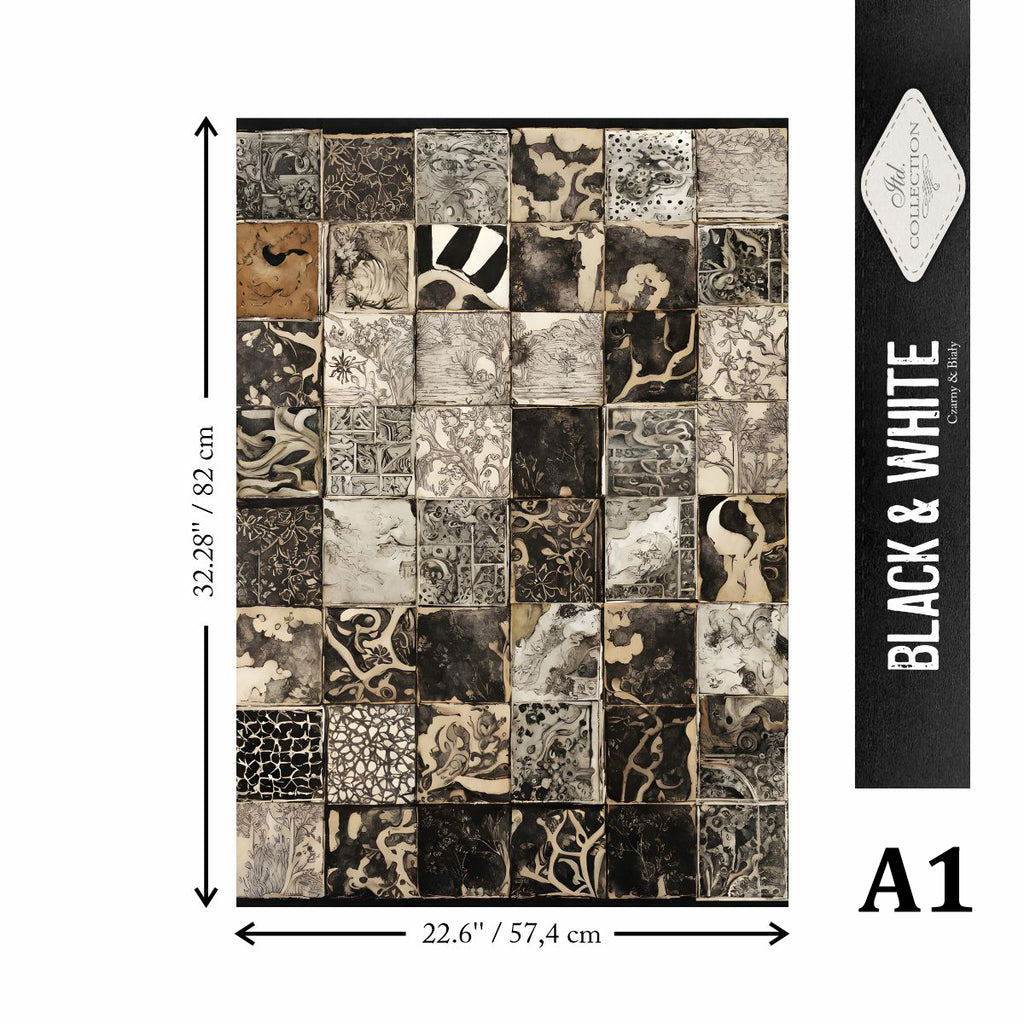 Patterned decoupage paper with measurements and brand name on a white background
