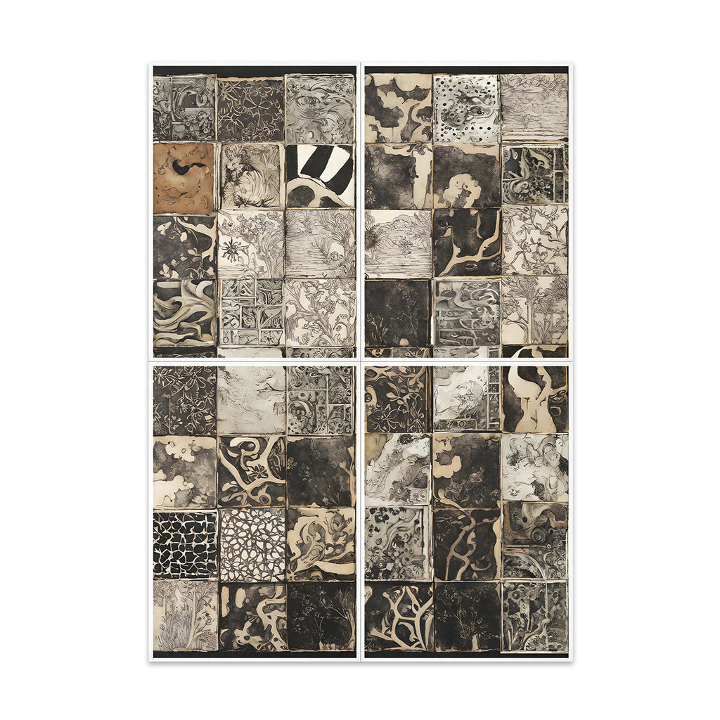Patchwork of various black and white patterns on a white background