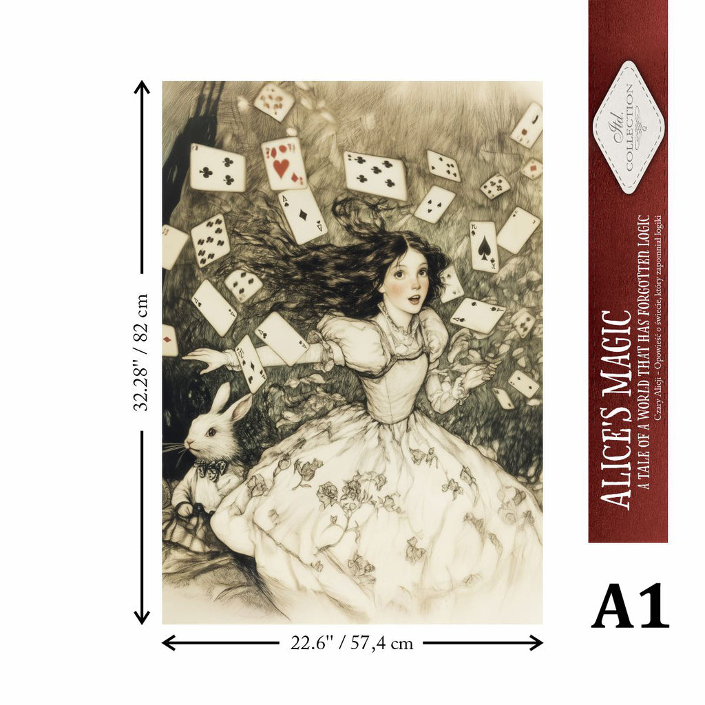 Illustration of a girl with playing cards and a rabbit, labeled 'Alice's Magic'.