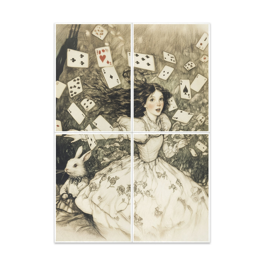 Collage of a girl in a dress with playing cards and a rabbit in a field.