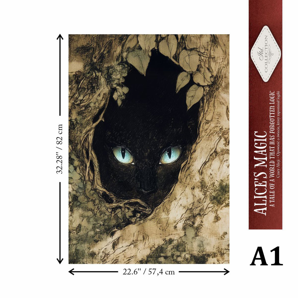 Poster of a black cat peering through leaves with dimensions and brand information.