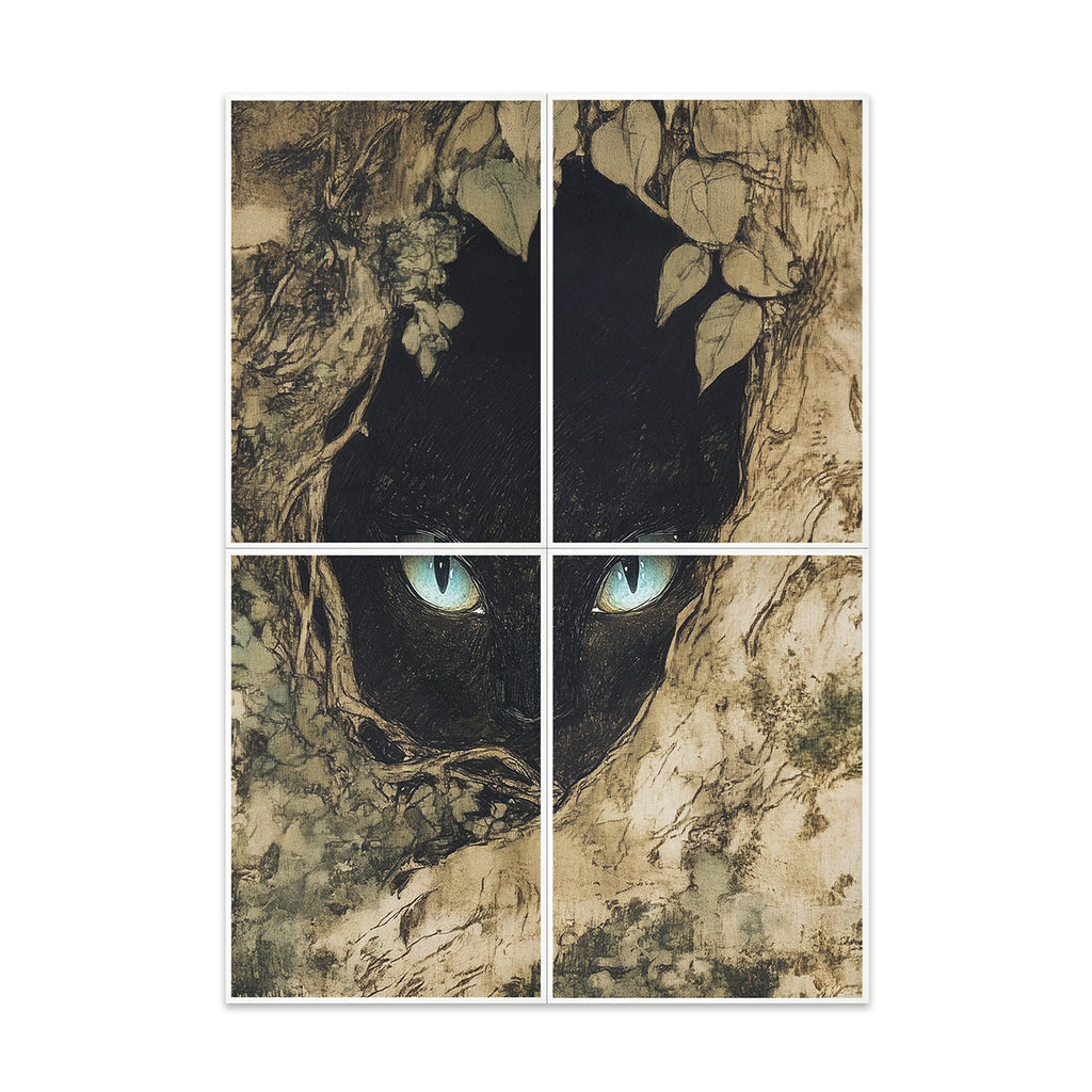 Four-panel artwork of a black cat peering through foliage with green eyes.