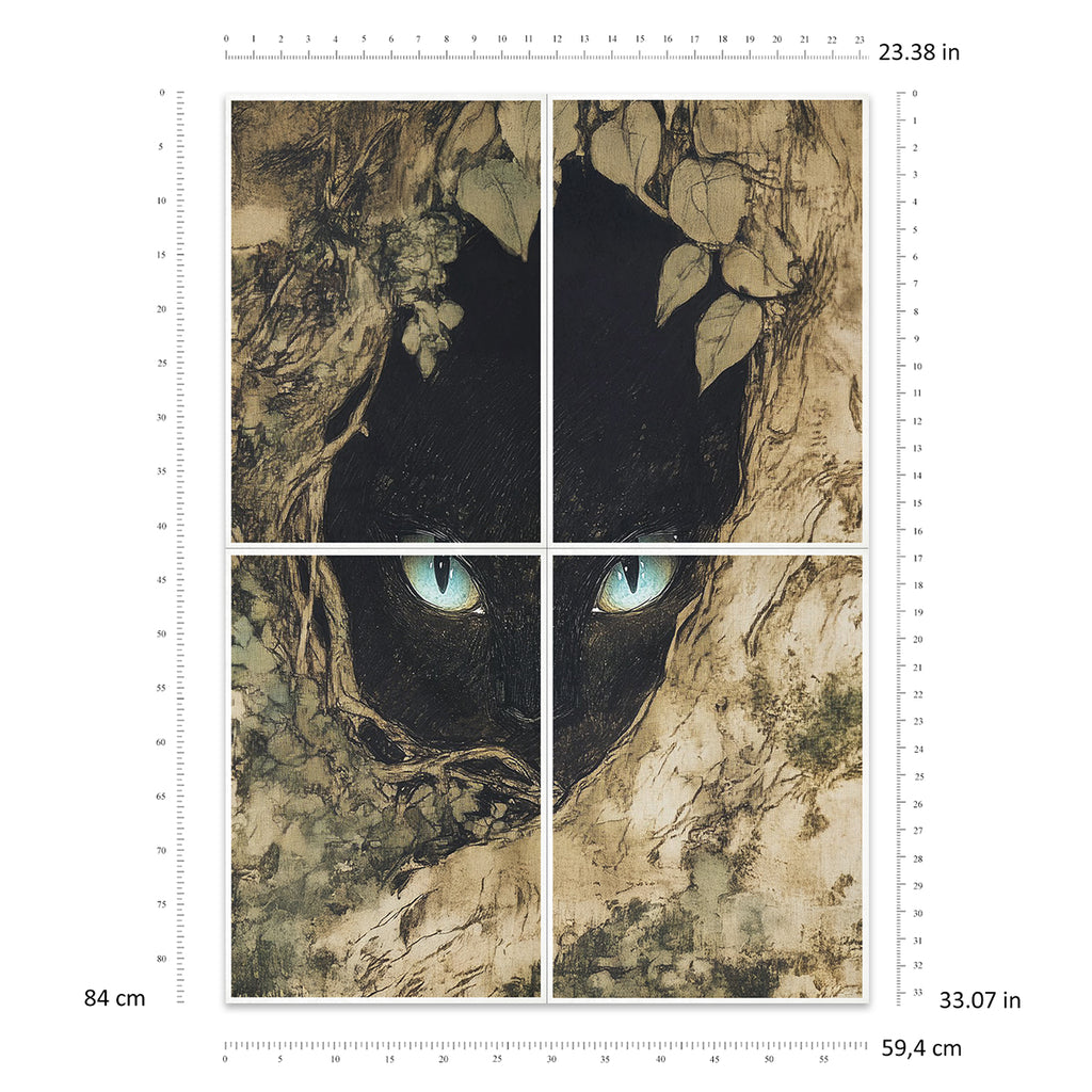 Four-panel artwork of a black cat peering through leaves with measurement scale on the side.