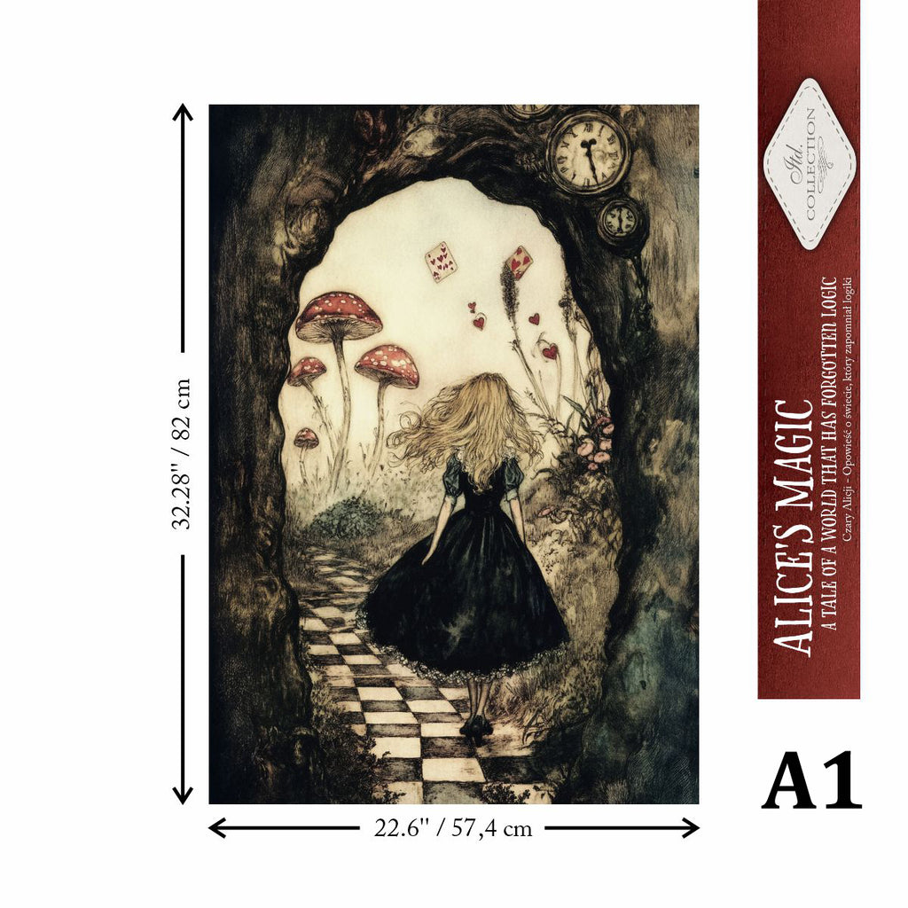 Alice in wonderland walking down a path with mushrooms and a clock.
