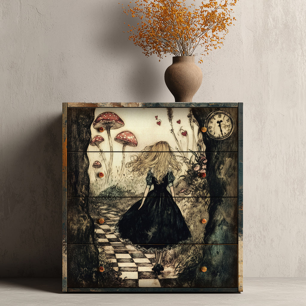 Alice in wonderland walking down a path with mushrooms and a clock, on a wall above a vase with autumn leaves.