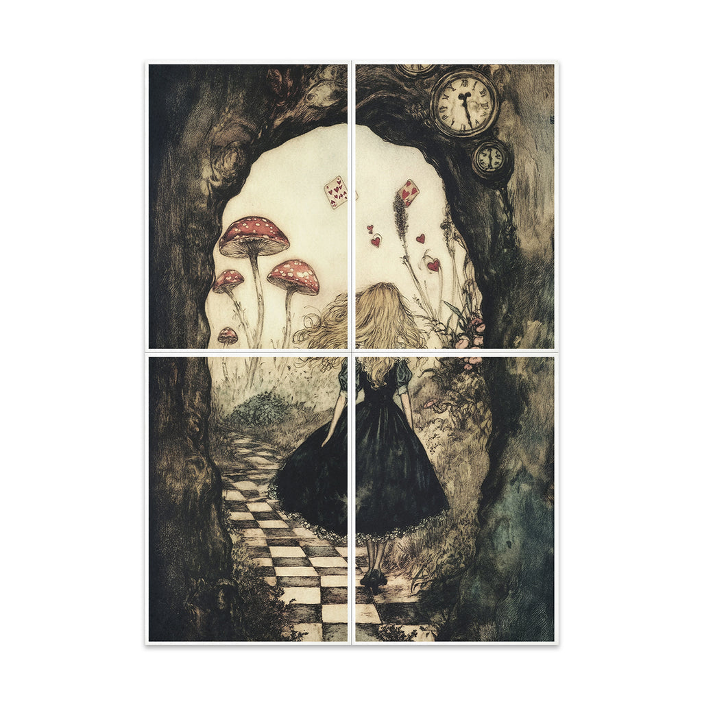 Alice in wonderland walking down a path with mushrooms and a clock.