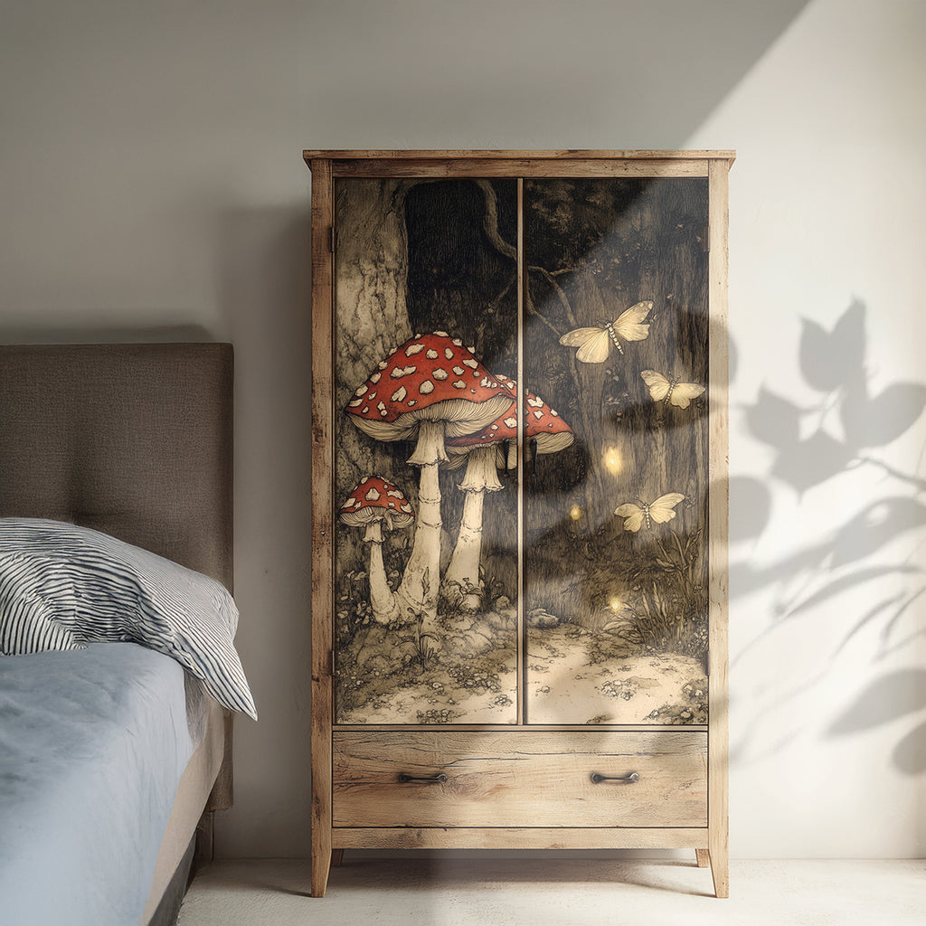 Wooden wardrobe with mushroom design in a bedroom setting
