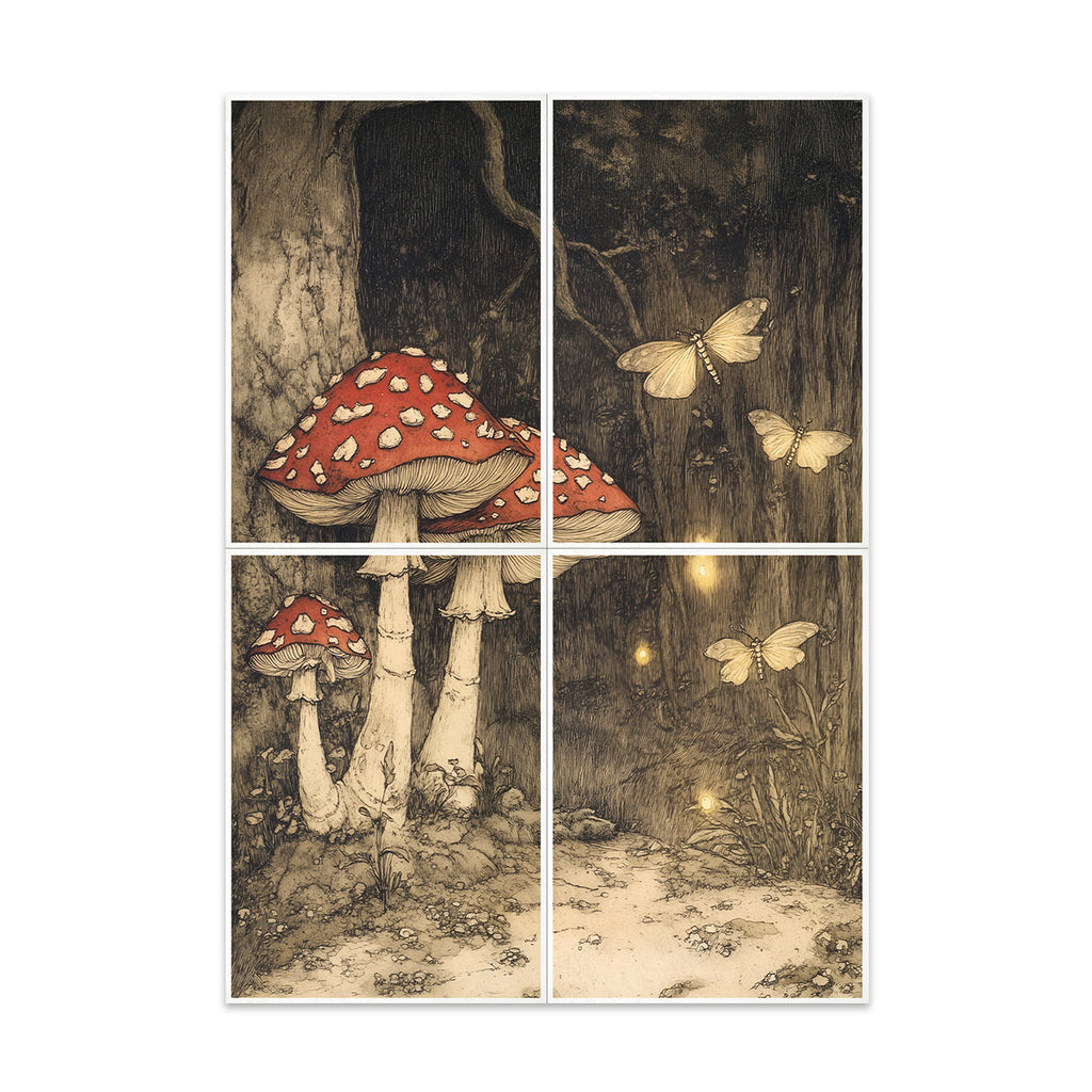 Four-panel illustration of mushrooms and butterflies in a forest setting