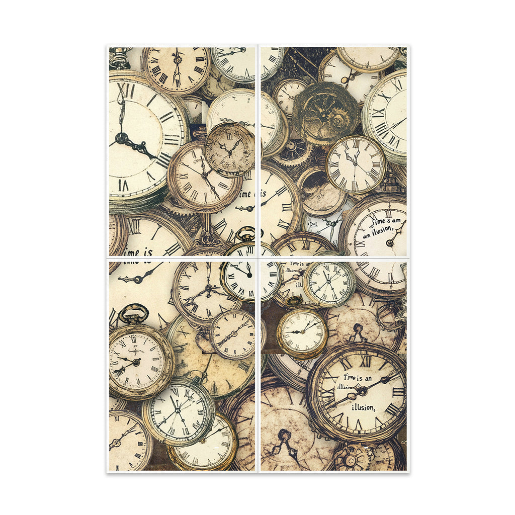 Decoupage Rice Paper with multiple vintage clocks and timepieces