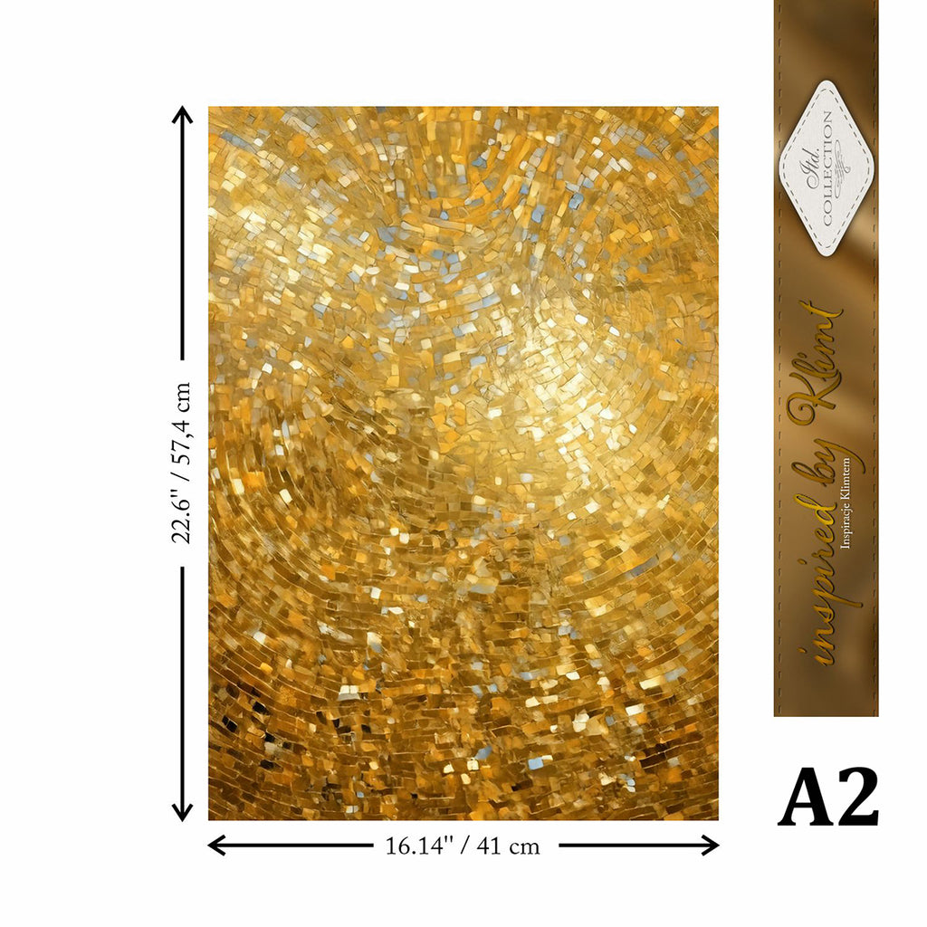 Gold textured paper with dimensions and brand name on a white background