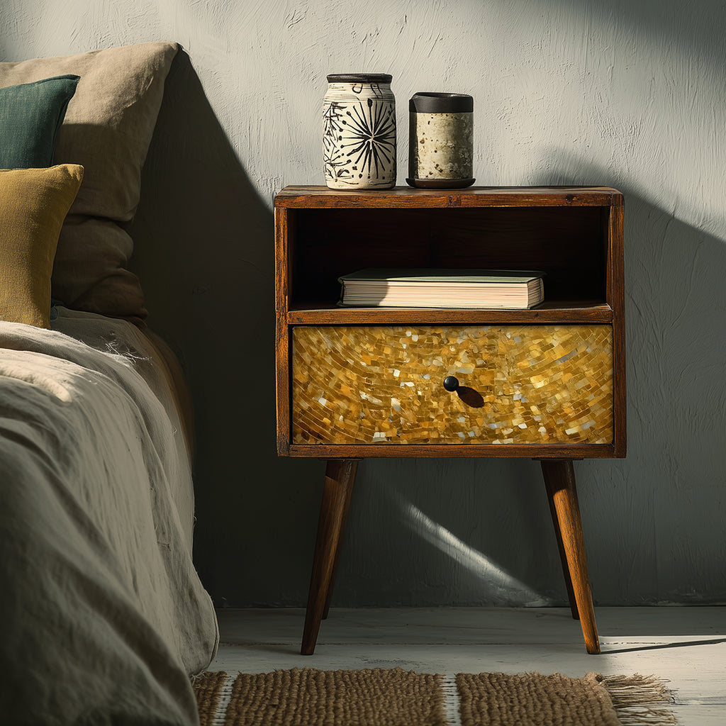 Wooden nightstand with a gold drawer in a bedroom setting