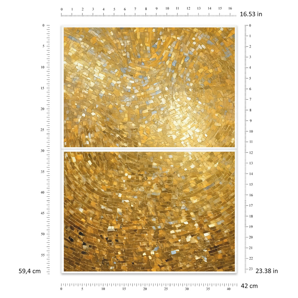 Gold mosaic pattern with measurement scale on a white background