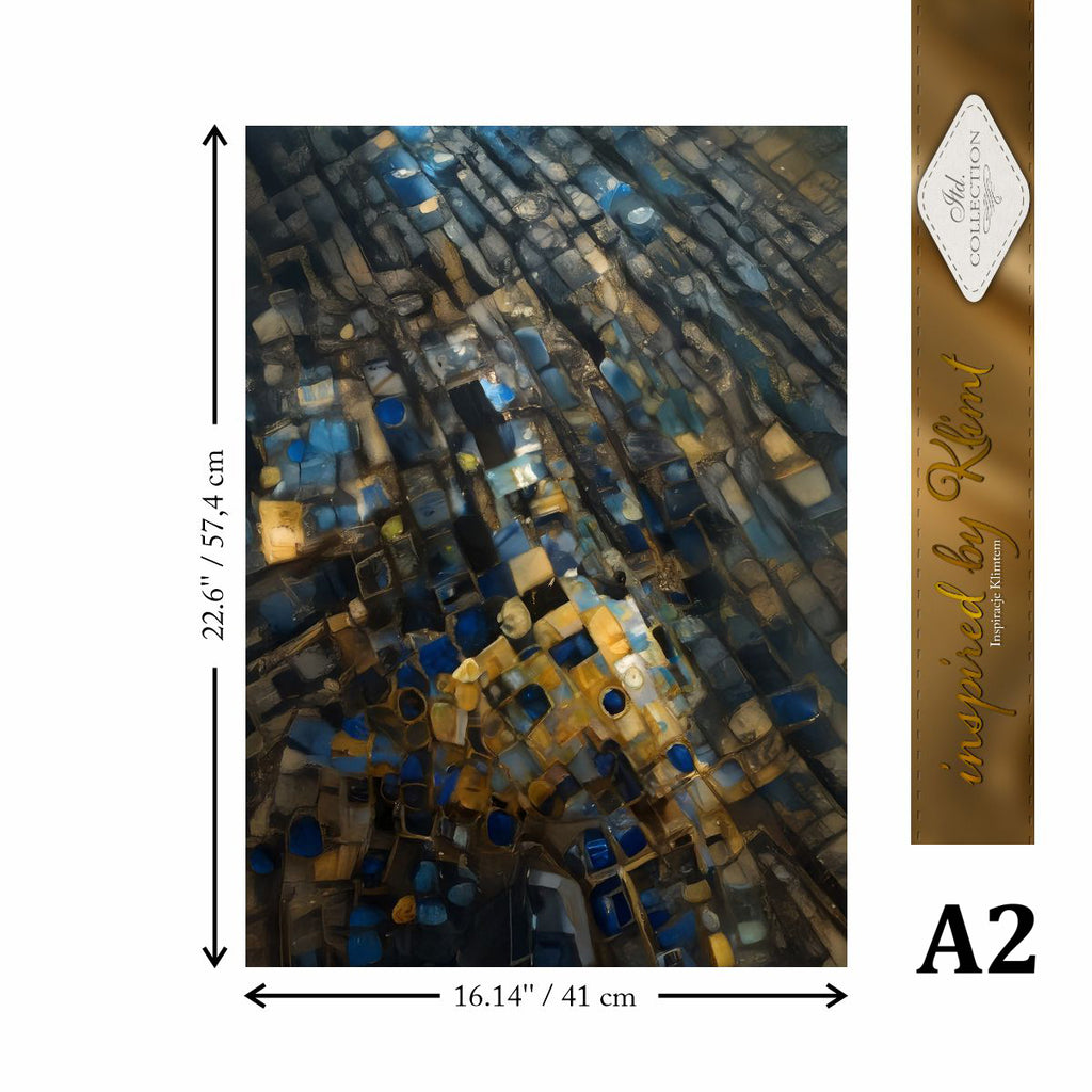 Abstract art piece with measurements and brand name on a white background