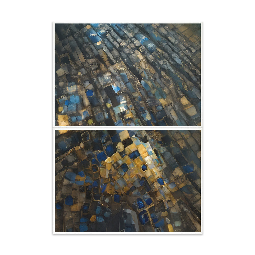 Abstract art print with geometric pattern in blue, gold, and black on a white background