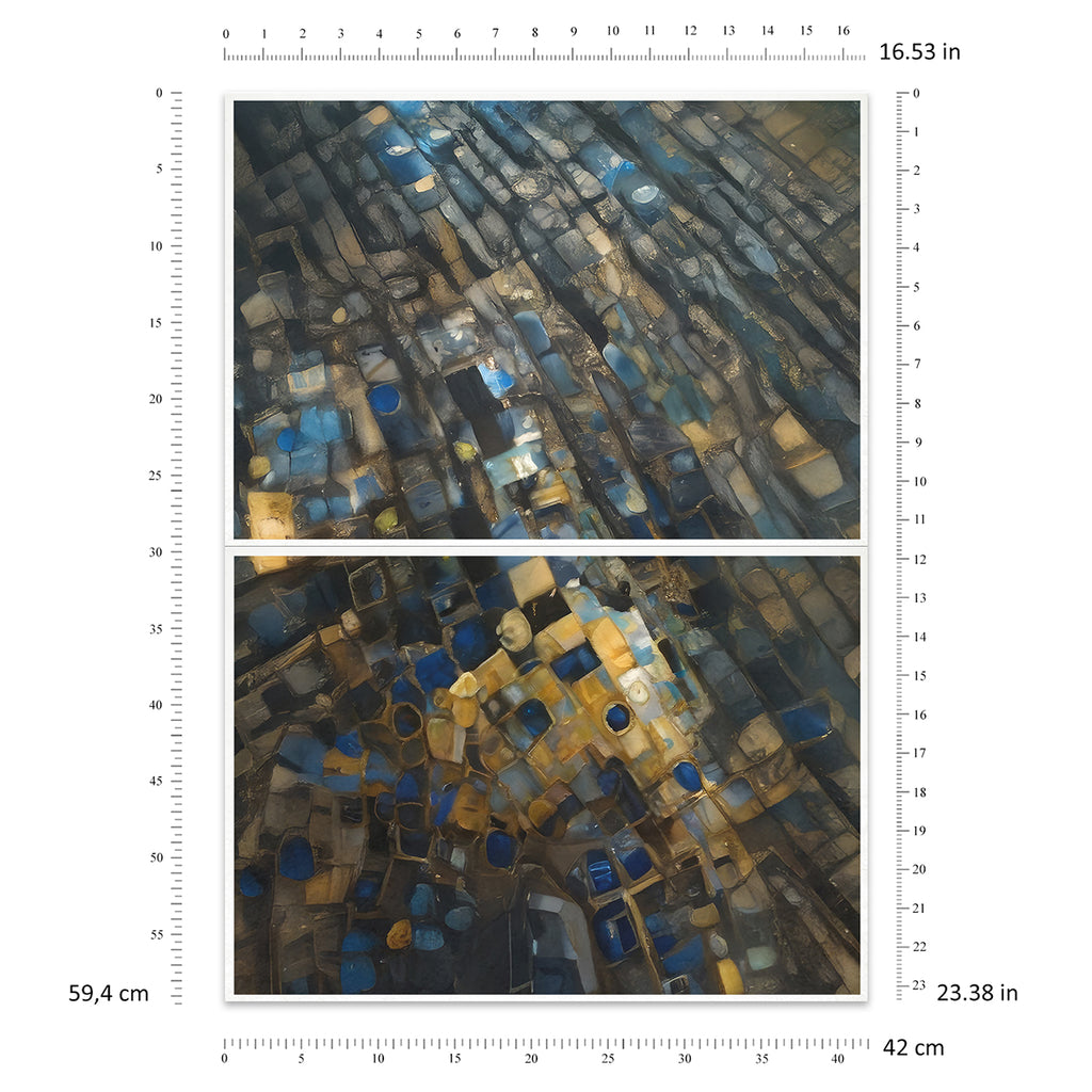 Textile sample with blue and gold pattern, measured against a ruler.