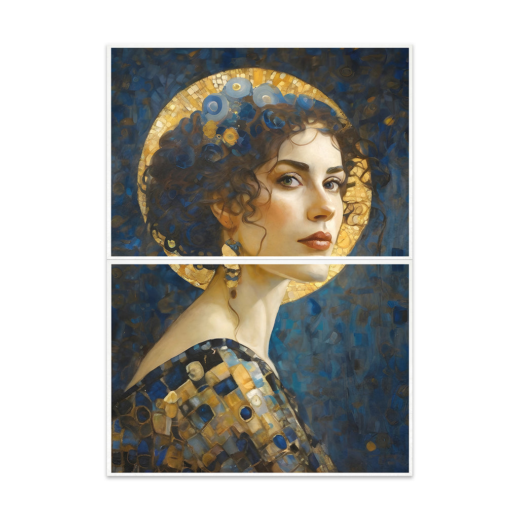 Artistic depiction of a woman with a decorative halo against a blue background