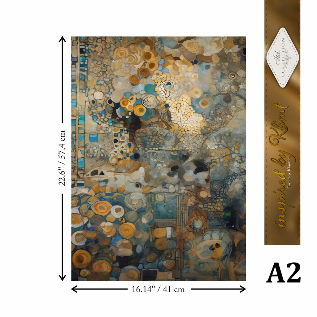 Decorative rug with abstract design and dimensions, brand label on the side.