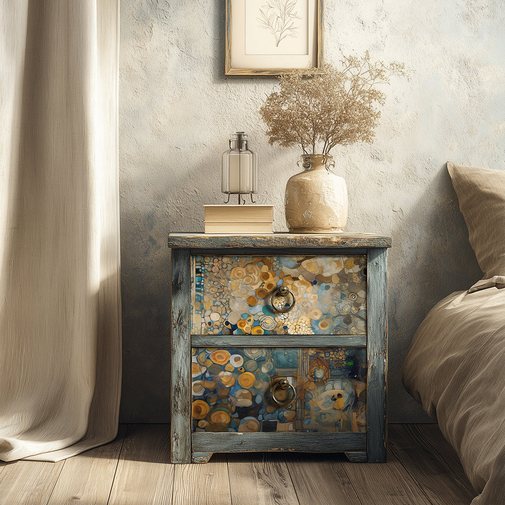 Decorative nightstand with floral patterns in a bedroom setting