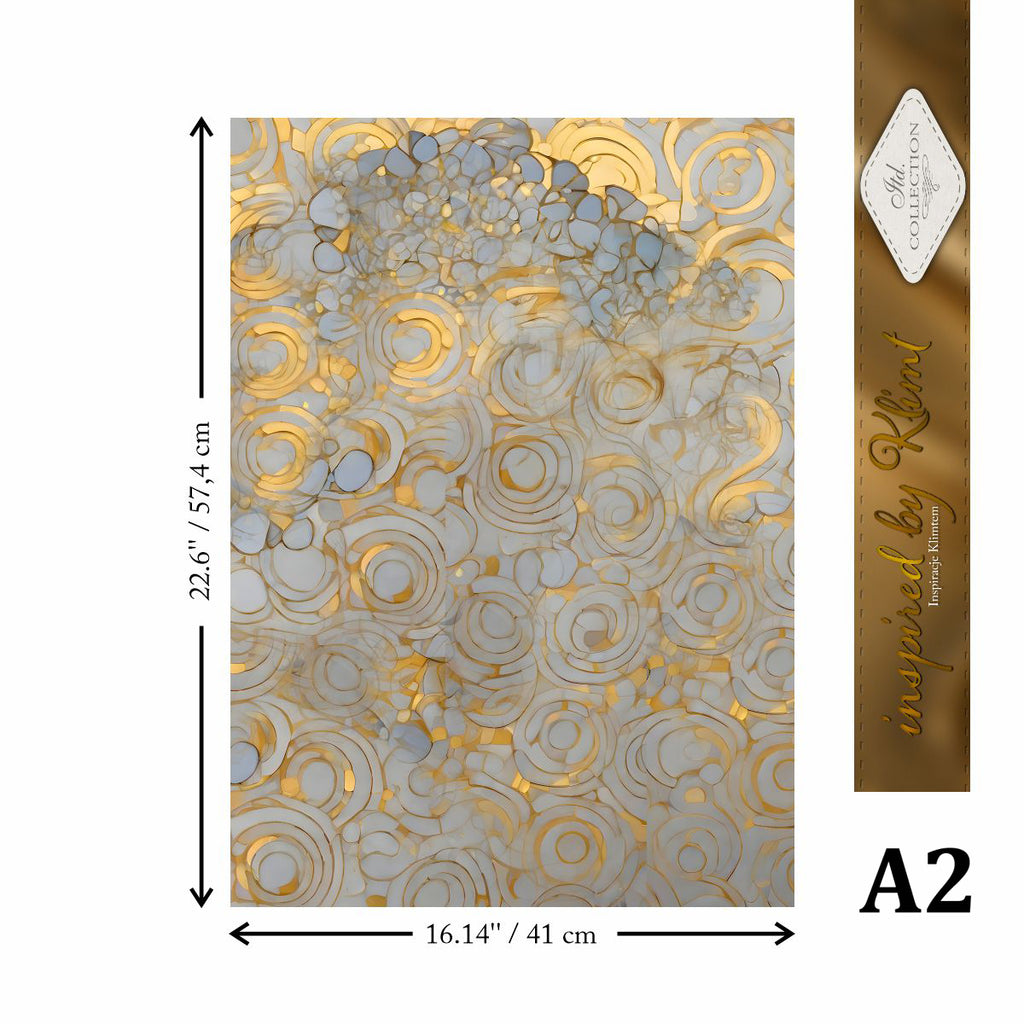 Decorative paper with gold and gray pattern, dimensions, and brand name displayed.