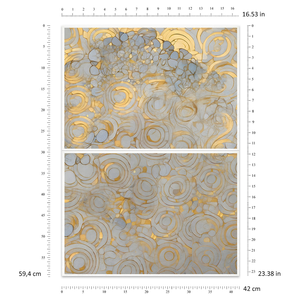 Decorative paper with gold and gray pattern on a white background