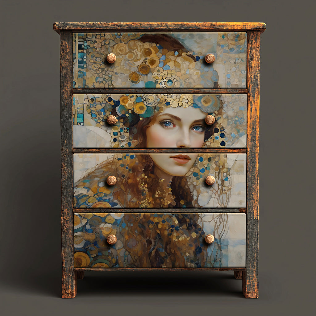 Decorative chest of drawers with artistic design on a gray background