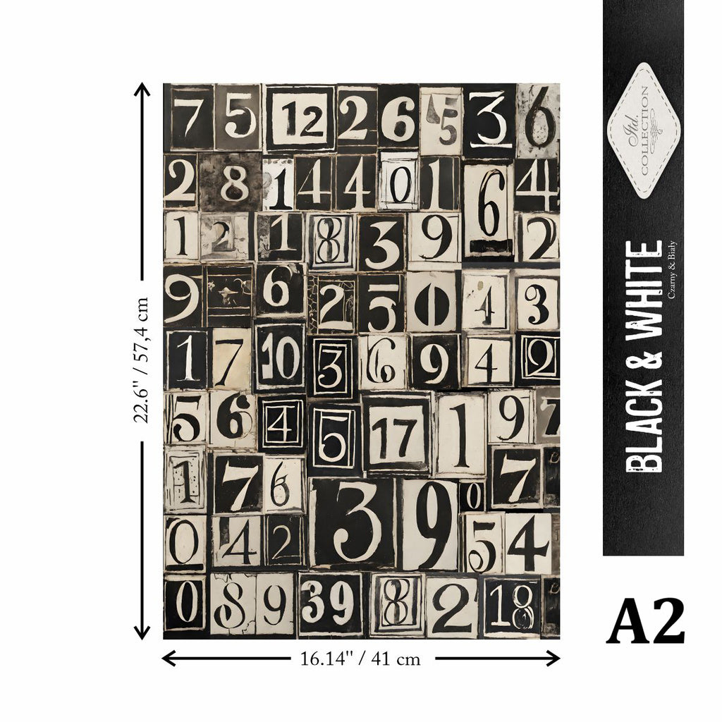 Black and white patterned paper with numbers, dimensions, and brand name on a white background