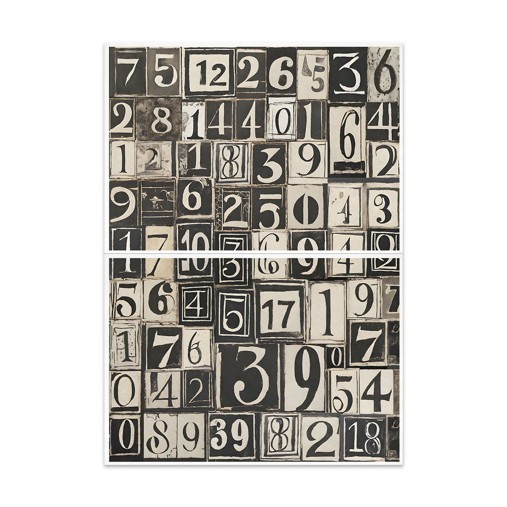 Decorative wall art with black and white numbers on a white background