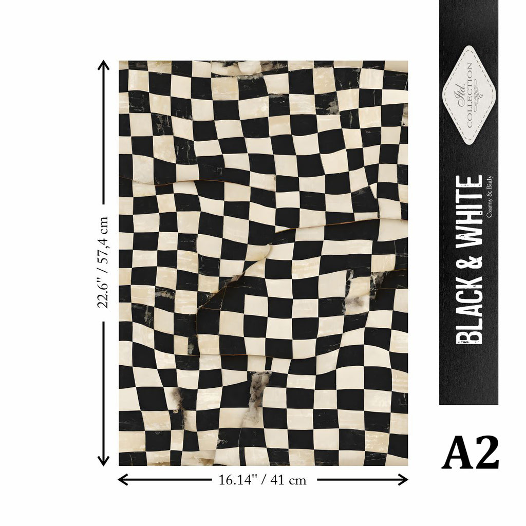 Black and white checkered paper with dimensions and brand label on a white background