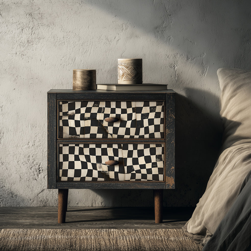 Wooden nightstand with checkered drawers against a textured wall.
