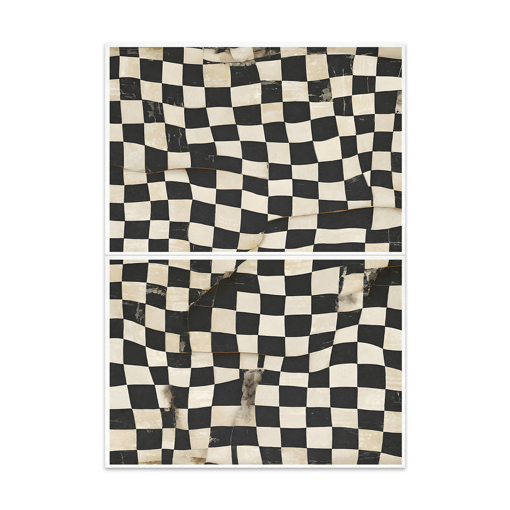 Checkered patterned paper with black and white squares on a plain background