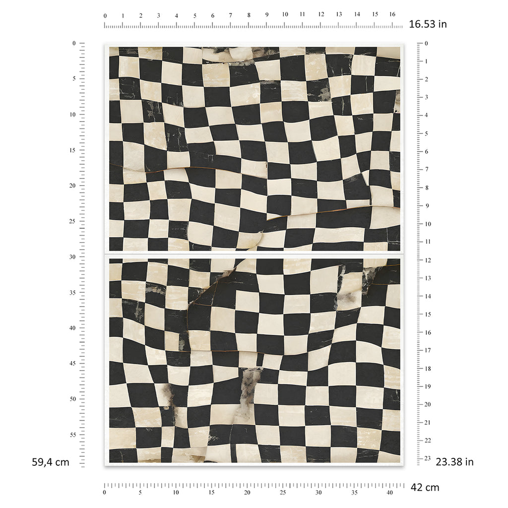 Checkered patterned paper with black and white squares on a plain background