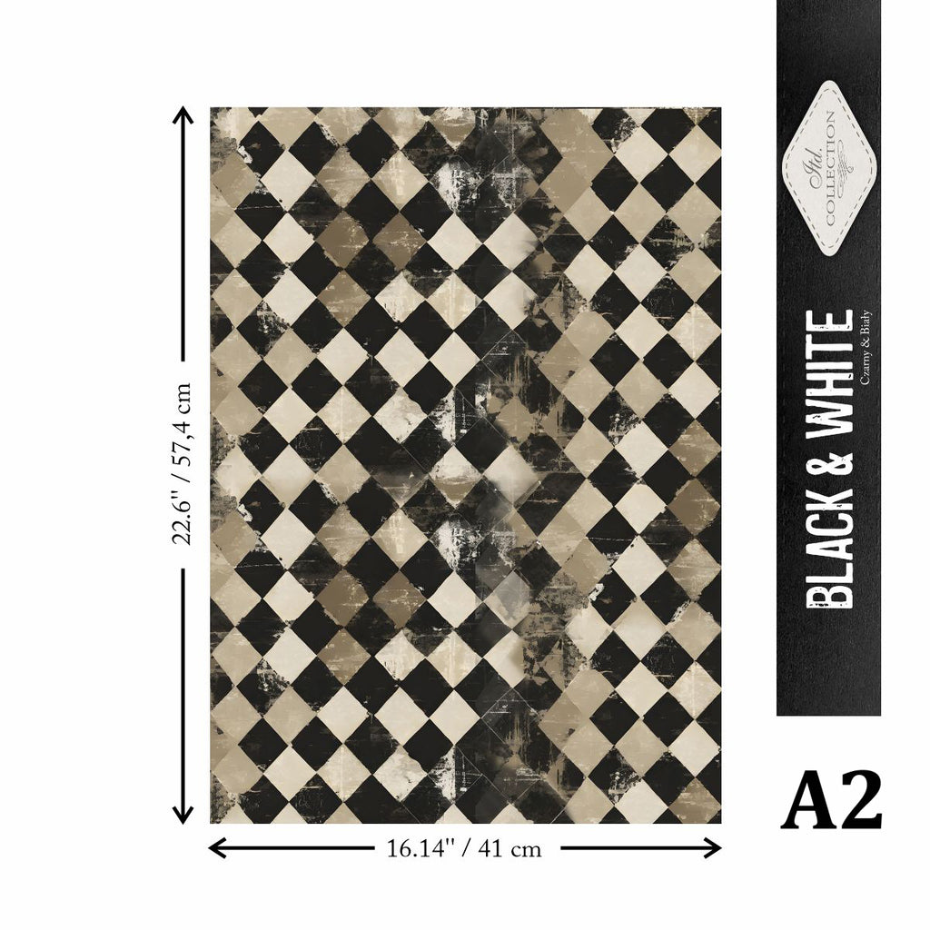 Black and white checkered paper with dimensions and brand name on a white background