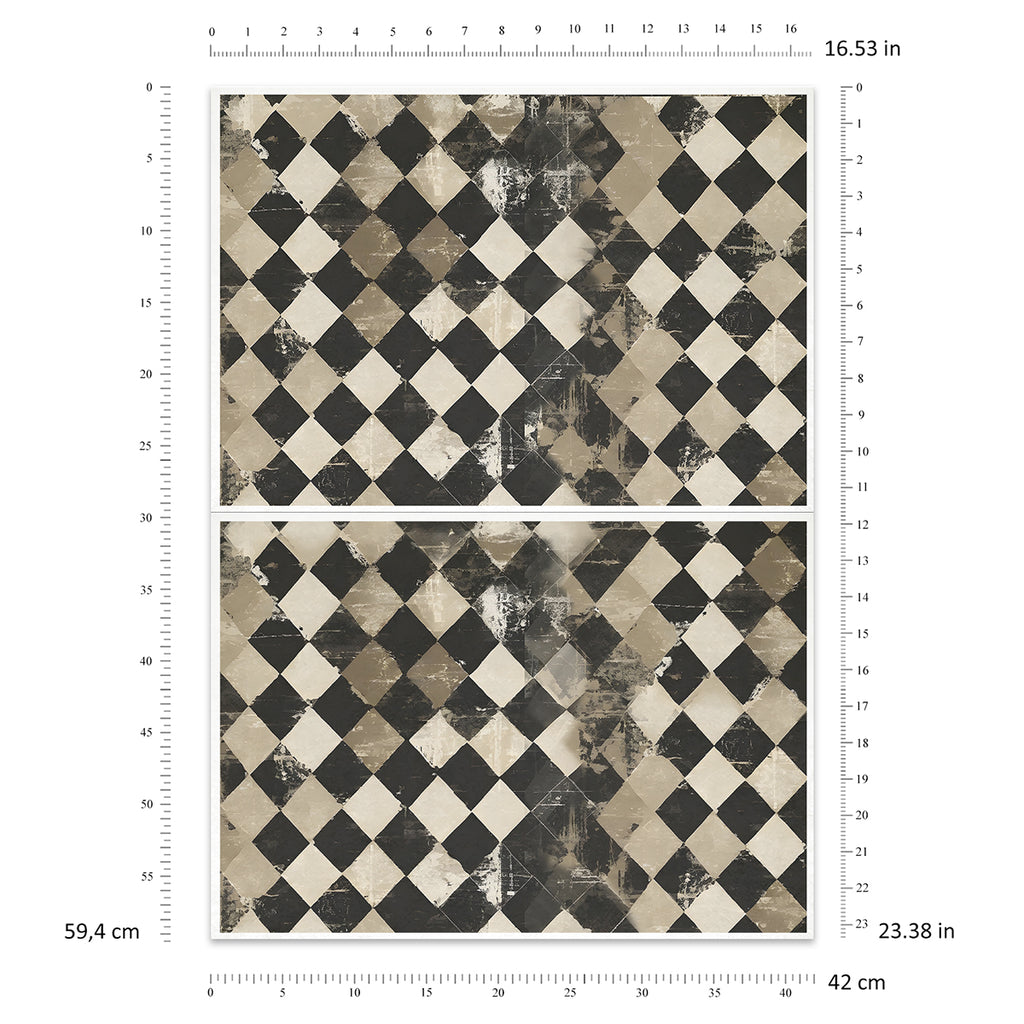 Two diamond patterned papers with black and beige colors on a white background